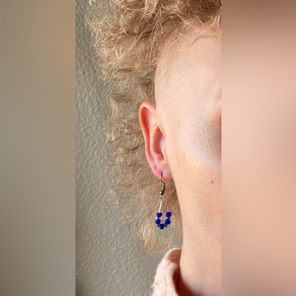 Handmade Blue Iridescent Beaded Dangle Earrings - Picture 6 of 6